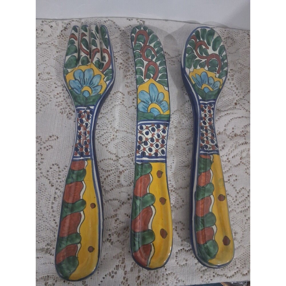 Vtg Set (3) Mexican Talavera Wall Hanging Spoon Fork Knife Hand Painted Folk Art